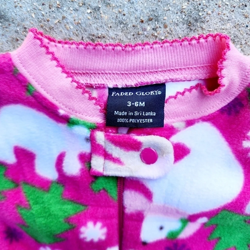 NWT Faded Glory Pink Fleece Polar Bear Footed Onsie Baby Size 3-6M Christmas New